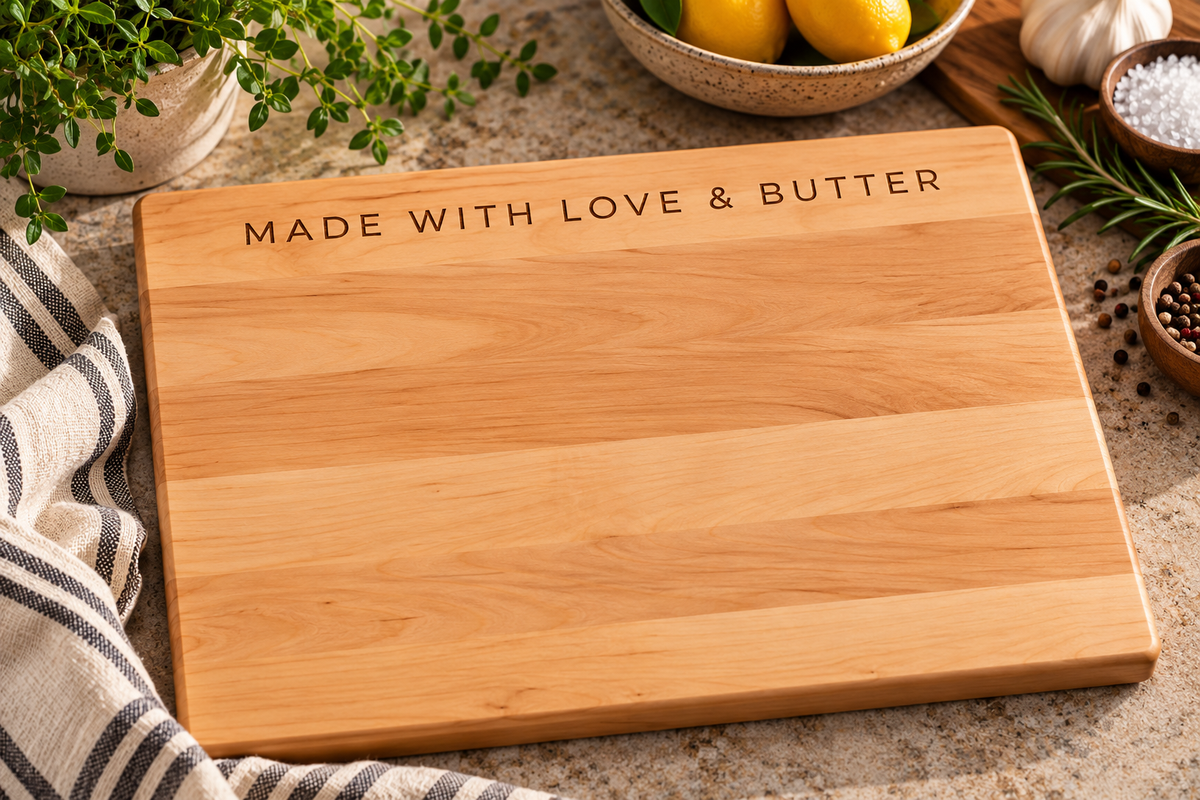 A rectangular wooden cutting board with the engraved text 'MADE WITH LOVE & BUTTER' on the top edge, styled on a stone surface with kitchen props including lemons, garlic, herbs, and a striped cloth.