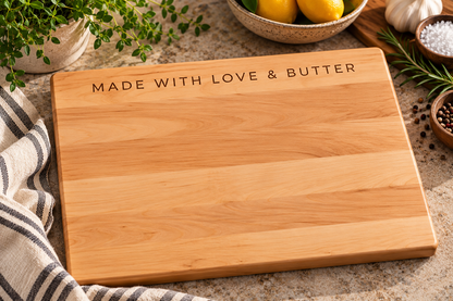 A rectangular wooden cutting board with the engraved text 'MADE WITH LOVE & BUTTER' on the top edge, styled on a stone surface with kitchen props including lemons, garlic, herbs, and a striped cloth.