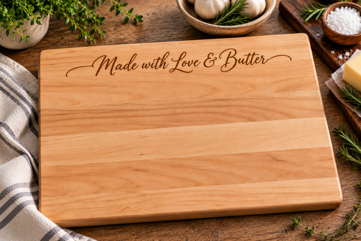 A rectangular wooden cutting board with the engraved phrase 'Made with Love & Butter' at the top, styled on a rustic wooden table with garlic, herbs, salt, and butter around it.