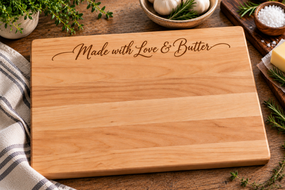 A rectangular wooden cutting board with the engraved phrase 'Made with Love & Butter' at the top, styled on a rustic wooden table with garlic, herbs, salt, and butter around it.