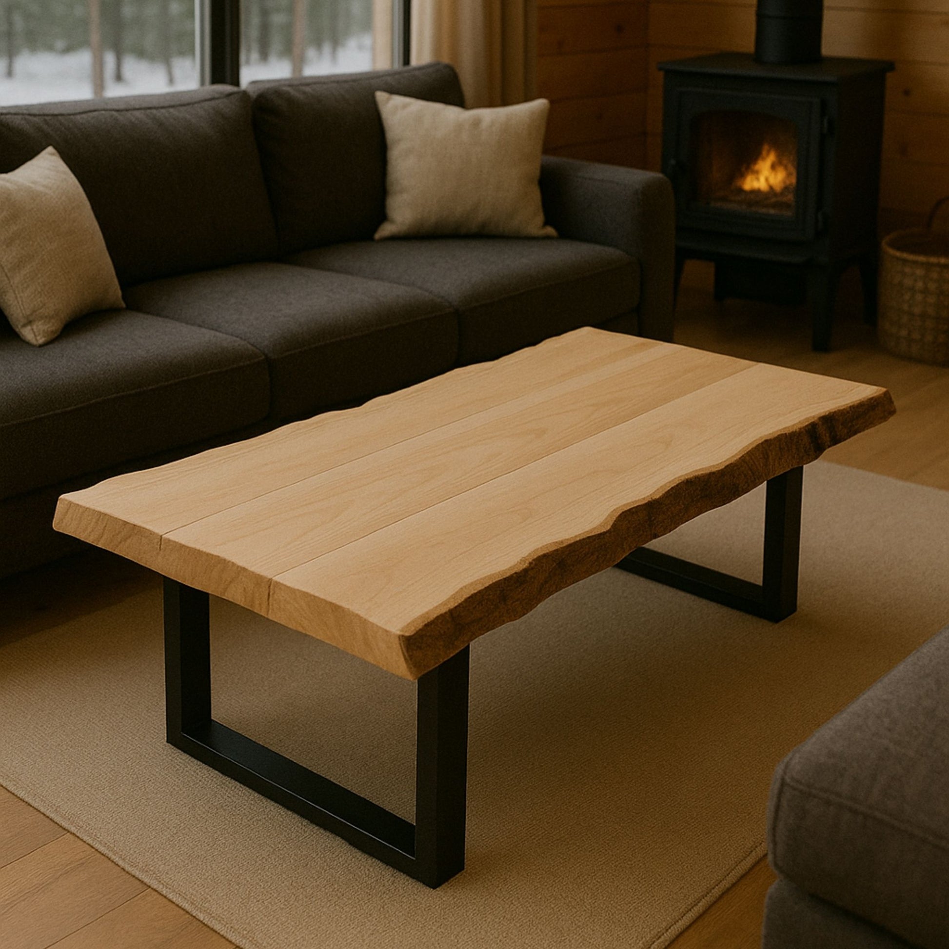 Rustic Live Edge Maple Hardwood Coffee Table with Black Metal U-Shaped Legs