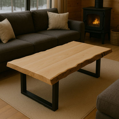 Rustic Live Edge Maple Hardwood Coffee Table with Black Metal U-Shaped Legs
