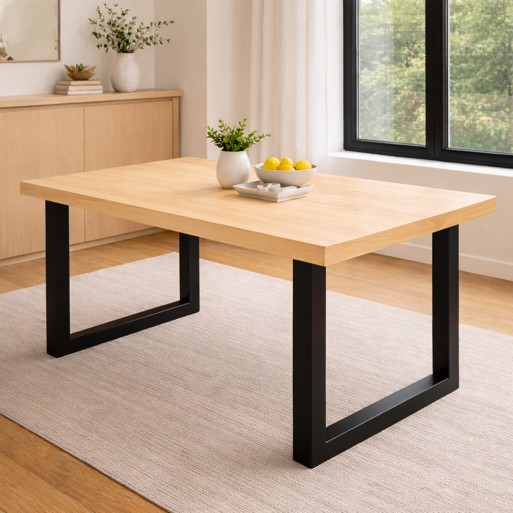 Maple Hardwood Dining Table with Black Metal U-Shaped Legs