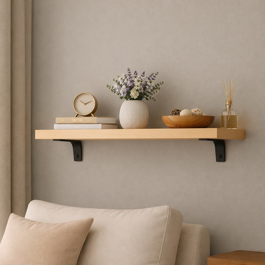 Modern Maple Hardwood Minimalist Shelf with Heavy Duty Black Metal Brackets