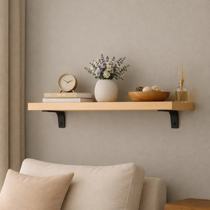 Modern Maple Hardwood Minimalist Shelf with Heavy Duty Black Metal Brackets