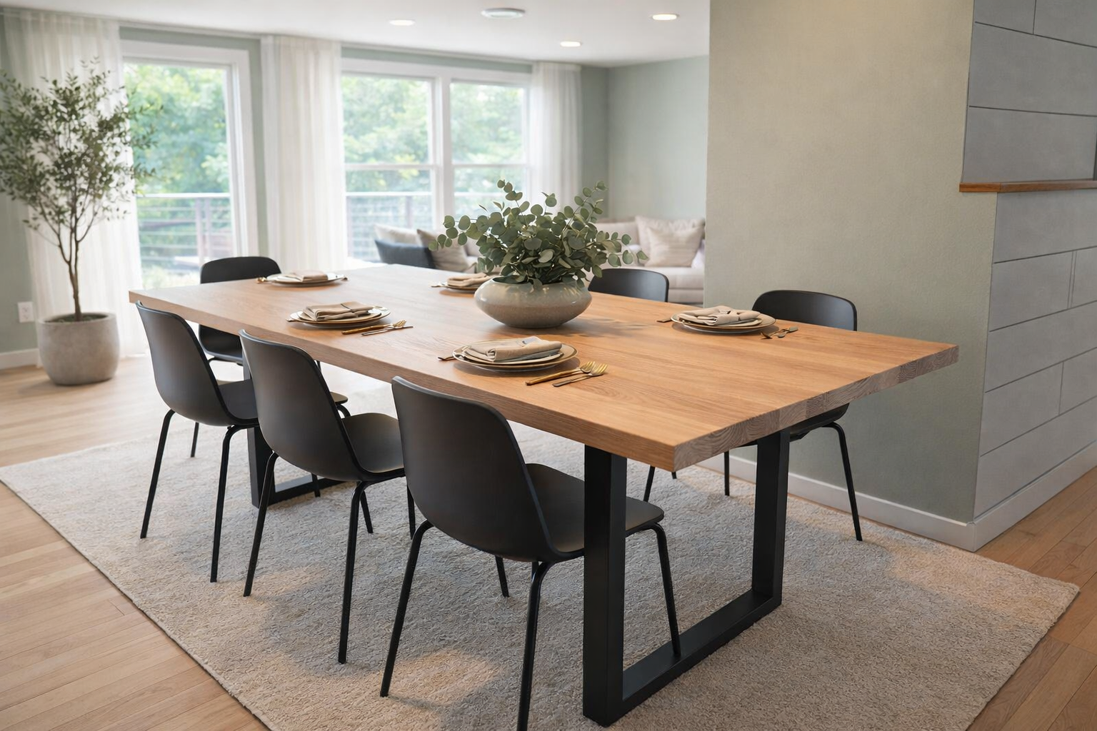 White Washed Modern Red Oak Dining Table with Black U-Shaped Metal Legs