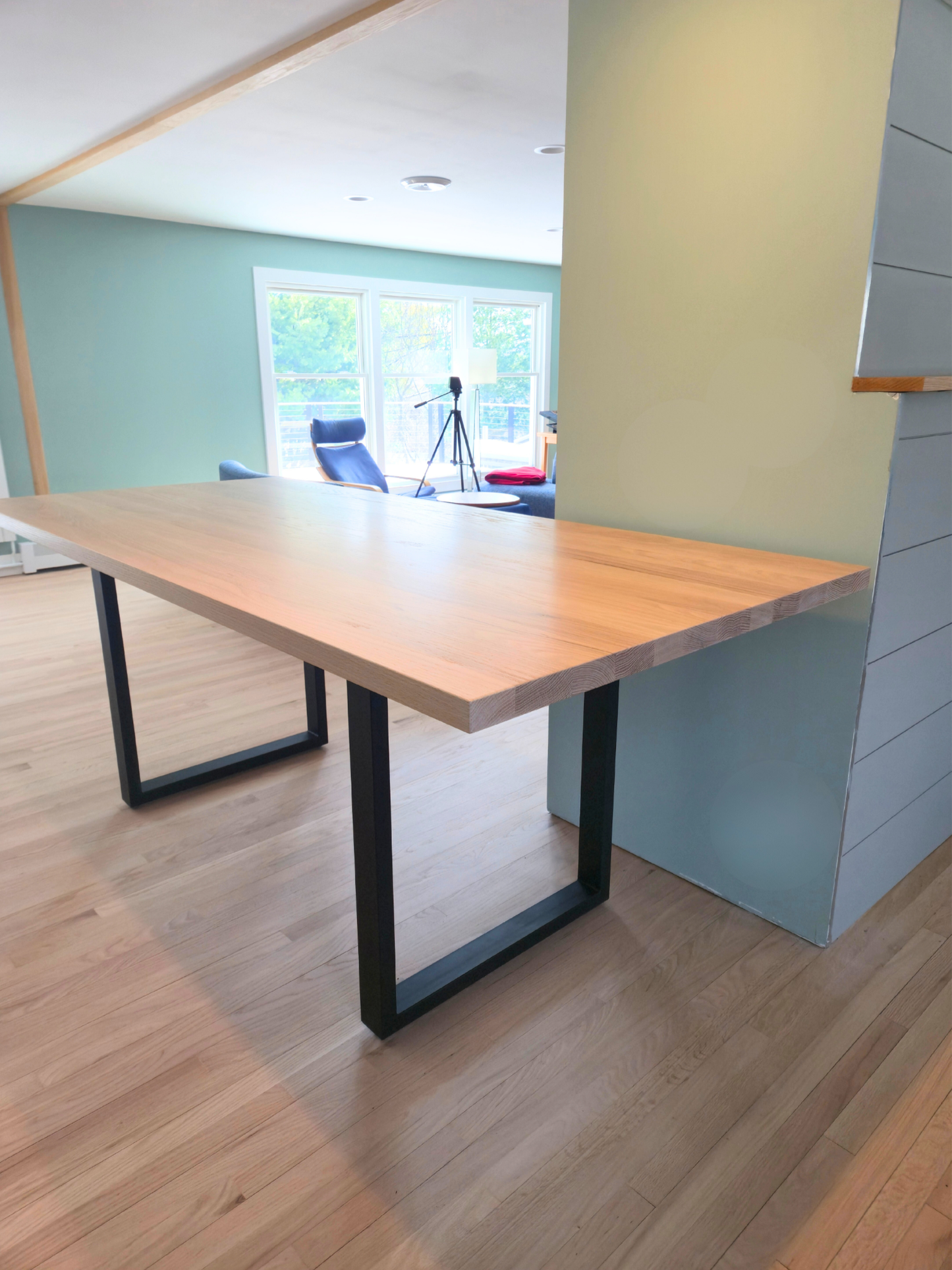 White Washed Modern Red Oak Dining Table with Black U-Shaped Metal Legs