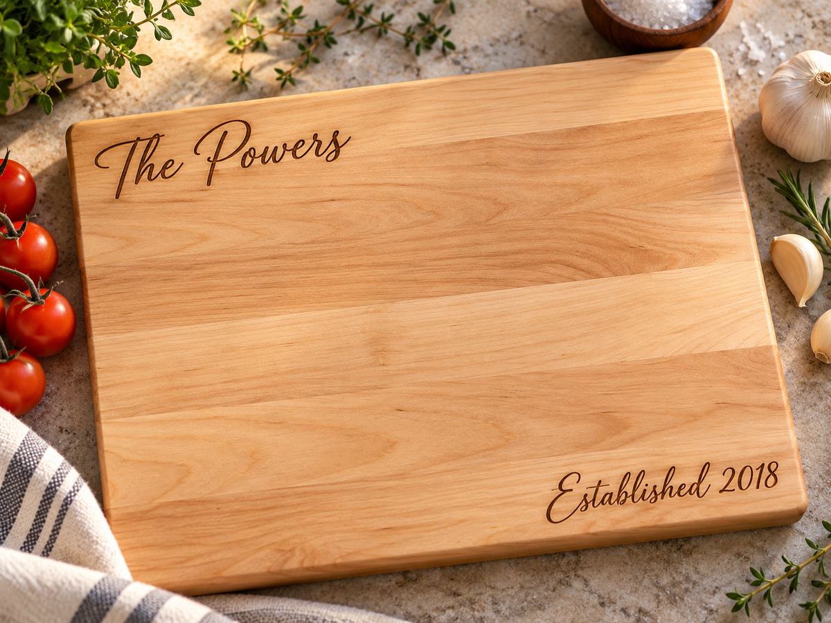 A rectangular wooden cutting board with rounded corners, featuring the engraved text 'The Powers' at the top left and 'Established 2018' at the bottom right. The board is styled on a stone surface with kitchen ingredients including tomatoes, garlic, herbs, and a striped cloth napkin.