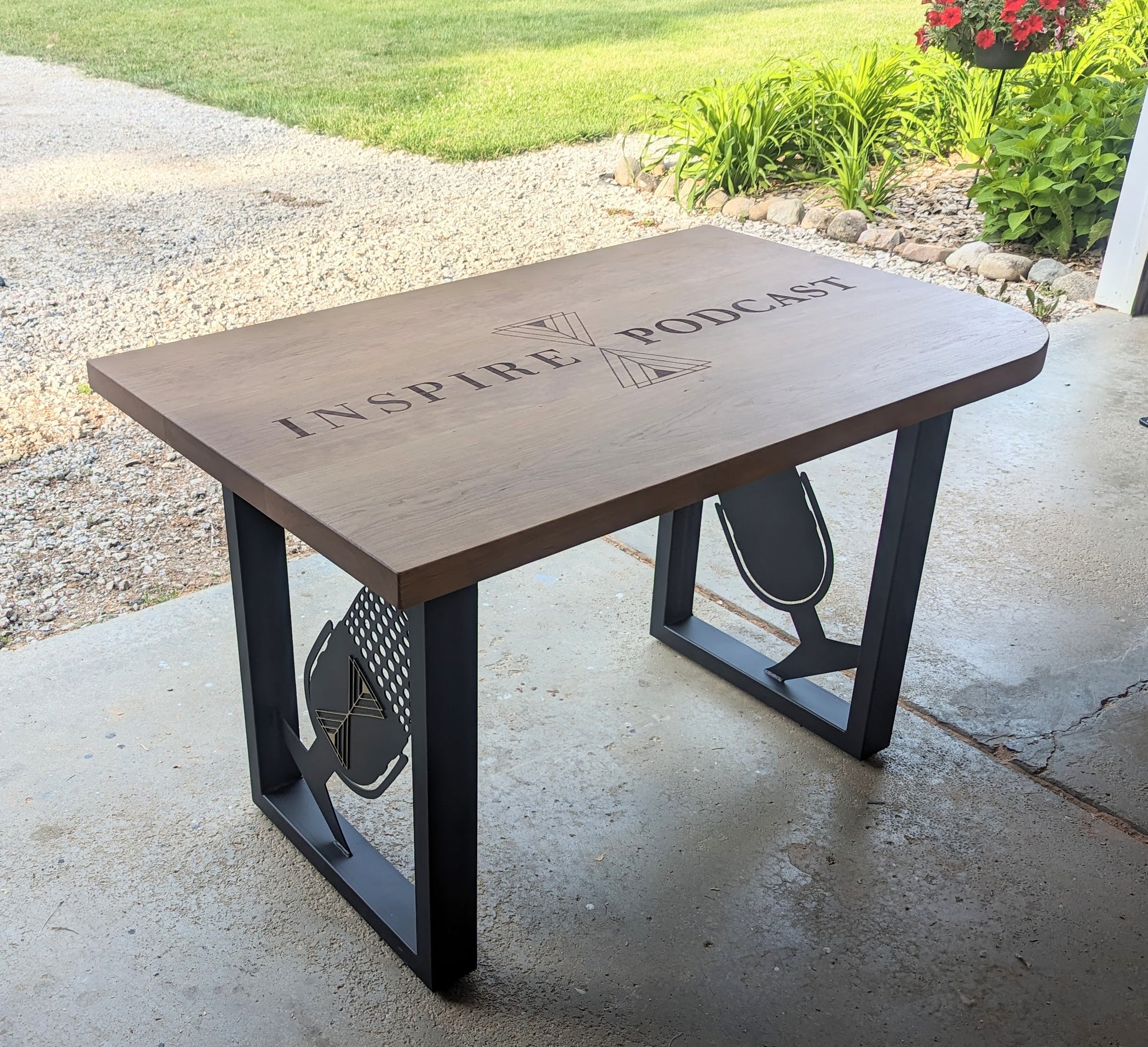 Custom podcast desk made of cherry