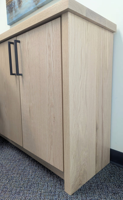 Red Oak Wood Coffee Bar Cabinet with Built In Doors and Shelf with Black Metal Handles