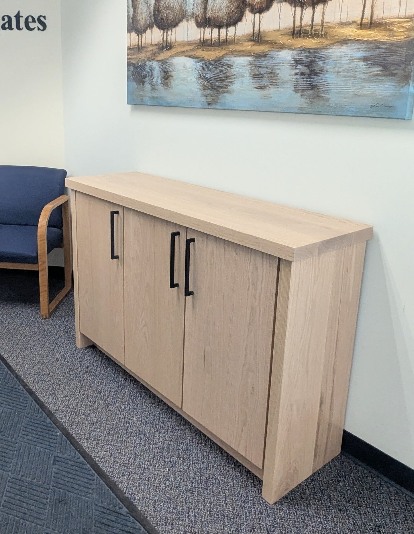 Red Oak Coffee Bar Cabinet with Built In Doors and Shelf with Black Metal Handles