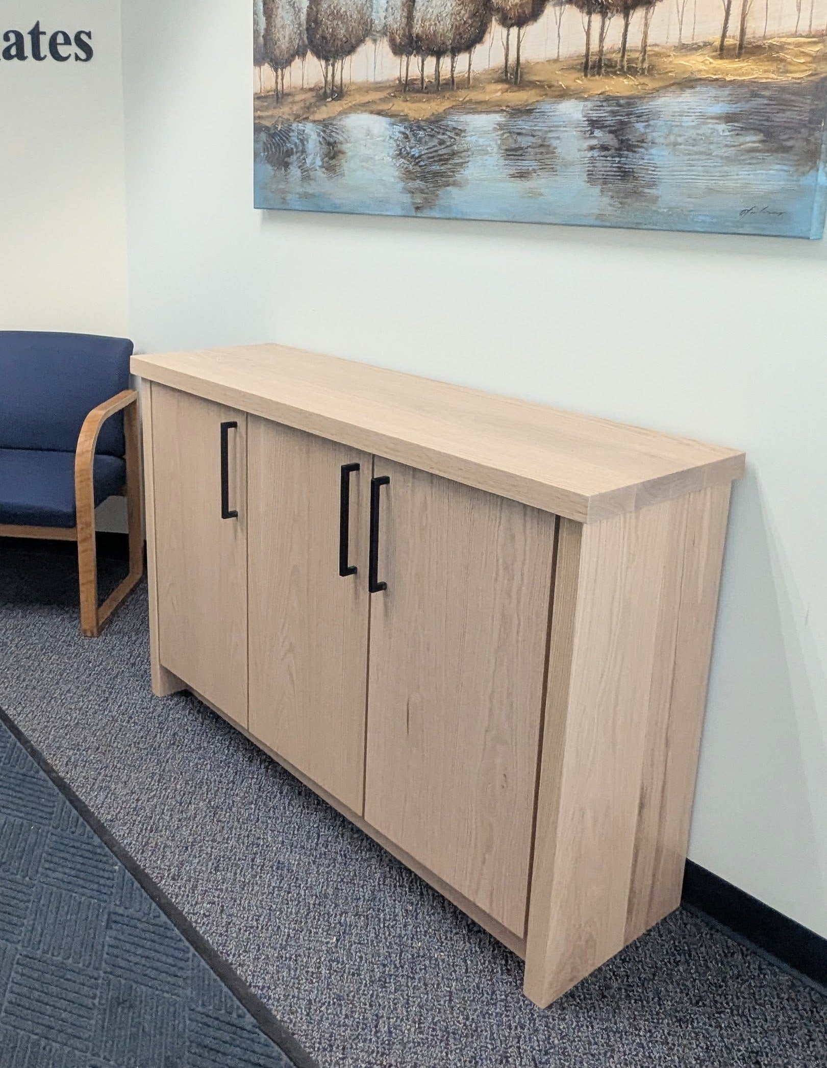 Red Oak Coffee Bar Cabinet with Built In Doors and Shelf with Black Metal Handles