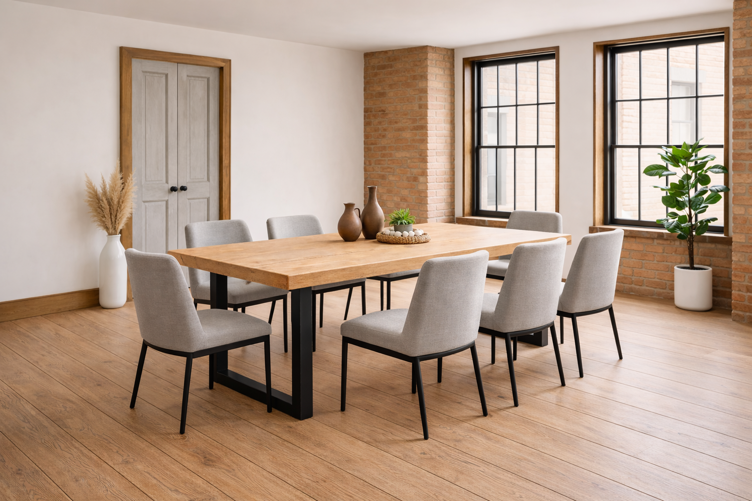 Red Oak Hardwood Dining Table with Black Metal U-Shaped Legs