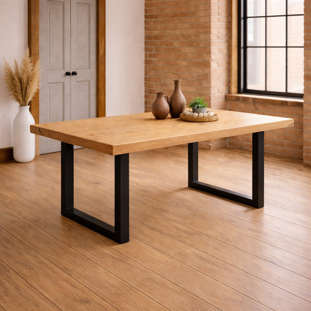 Solid Red Oak Hardwood Dining Table with Black Metal U-Shaped Legs