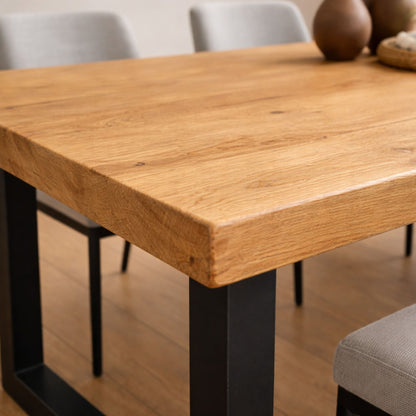Solid Red Oak Hardwood Dining Table with Black Metal U-Shaped Legs