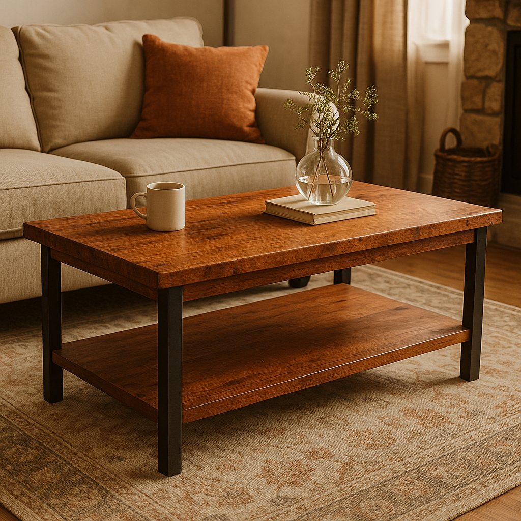 Rustic Cherry Coffee Table with Metal Legs and Shelf