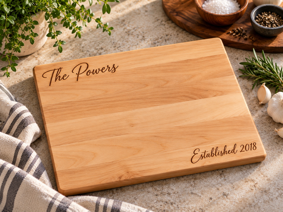 A rectangular wooden cutting board with 'The Powers' and 'Established 2018' engraved on it, styled on a stone countertop with kitchen herbs, garlic, salt, pepper, and a striped cloth.