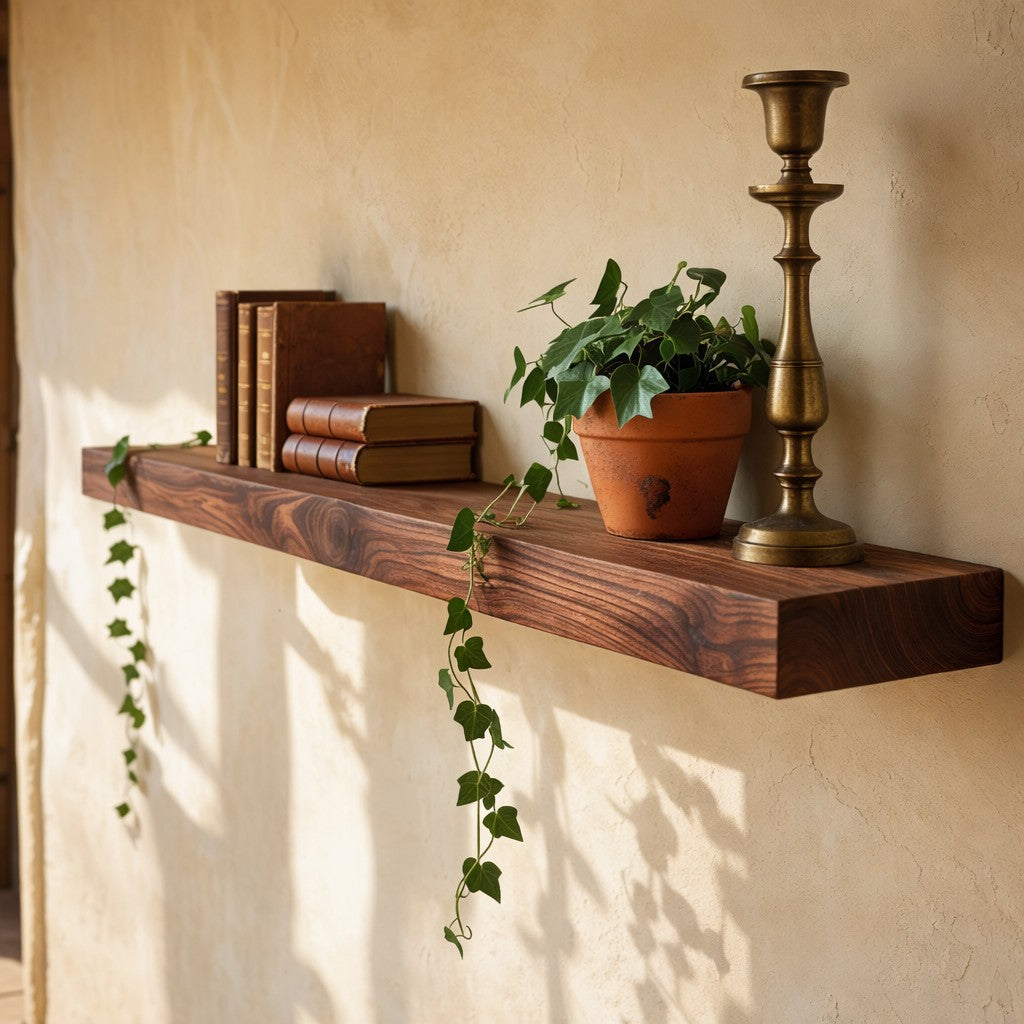 Floating Walnut Hardwood Rustic Shelf with Hidden Bracket
