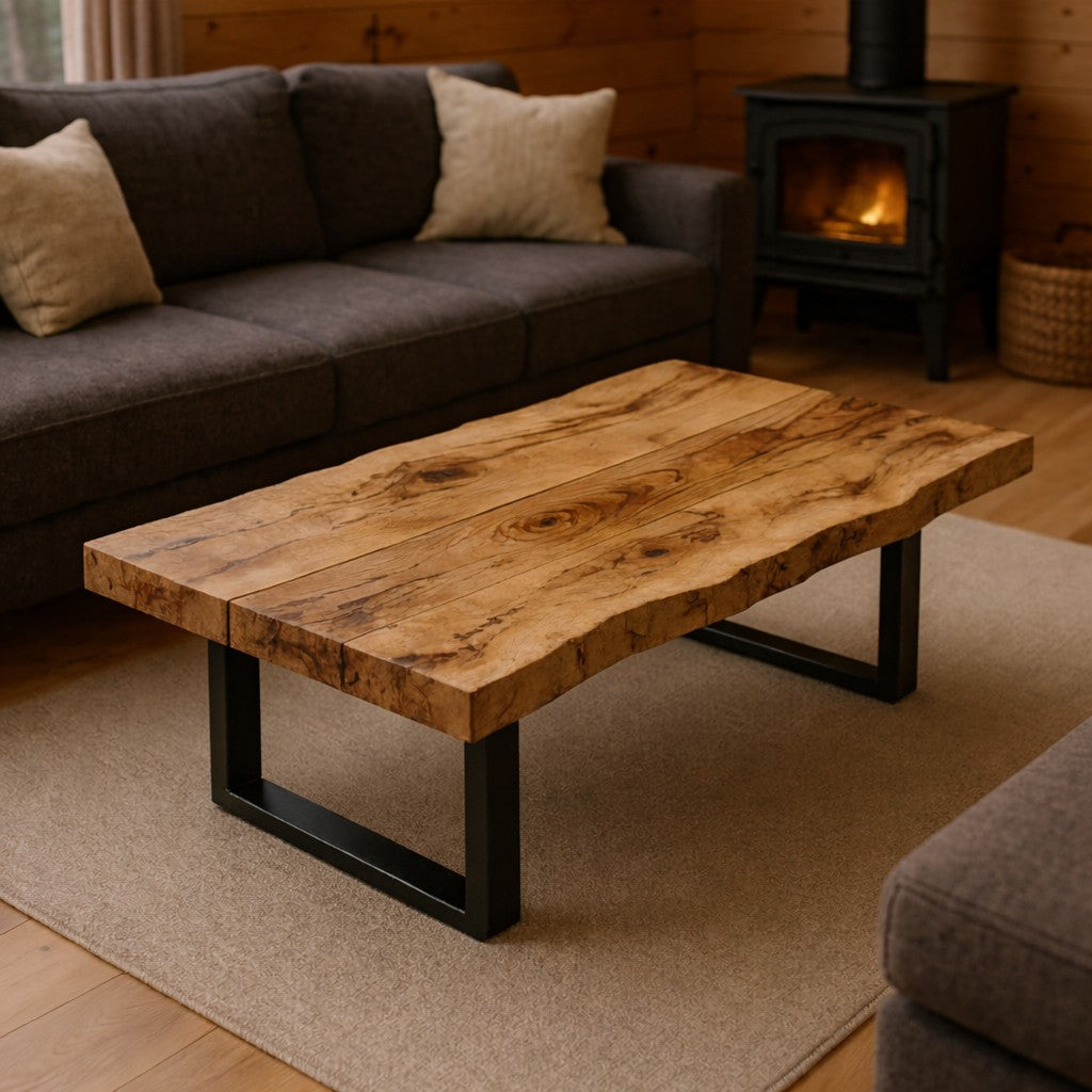 Rustic Live Edge Spalted Maple Hardwood Coffee Table with Black Metal U-Shaped Legs
