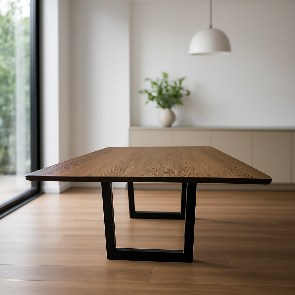 Square red oak dining room table with custom metal legs