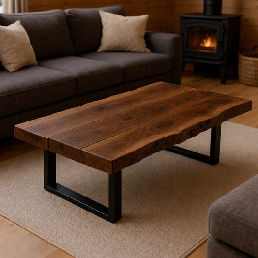 Rustic Live Edge Walnut Hardwood Coffee Table with Black Metal U-Shaped Legs