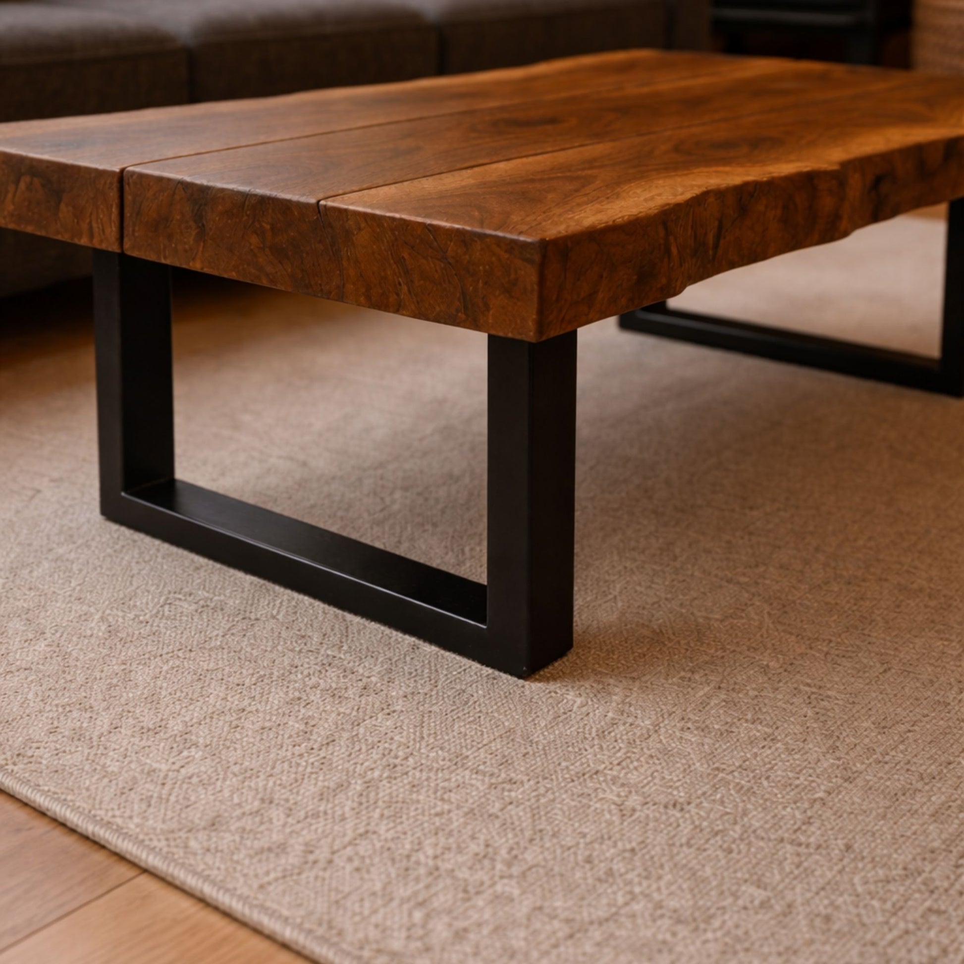 Rustic Live Edge Walnut Hardwood Coffee Table with Black Metal U-Shaped Legs