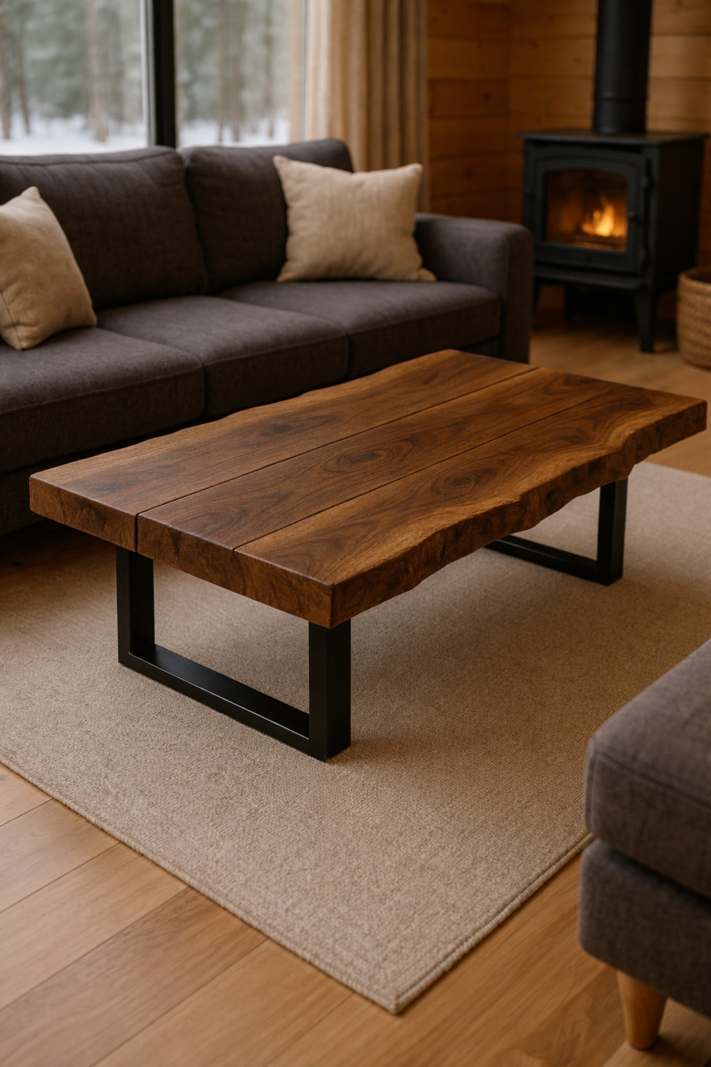 Rustic Live Edge Walnut Coffee Table with Black U-Shaped Metal Legs