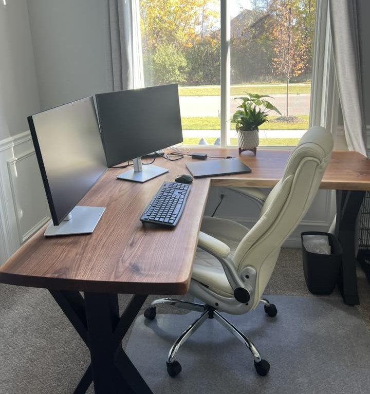 Live Edge Walnut L-Shaped Desk with Black Metal Farmhouse Legs