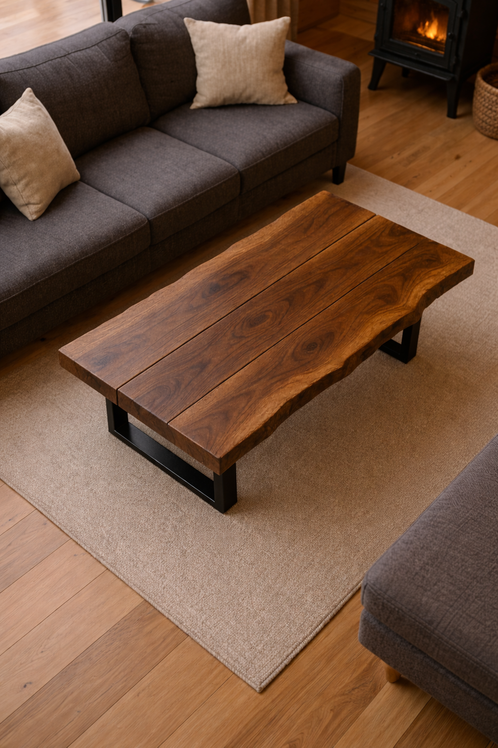 Rustic Live Edge Walnut Coffee Table with Black U-Shaped Metal Legs