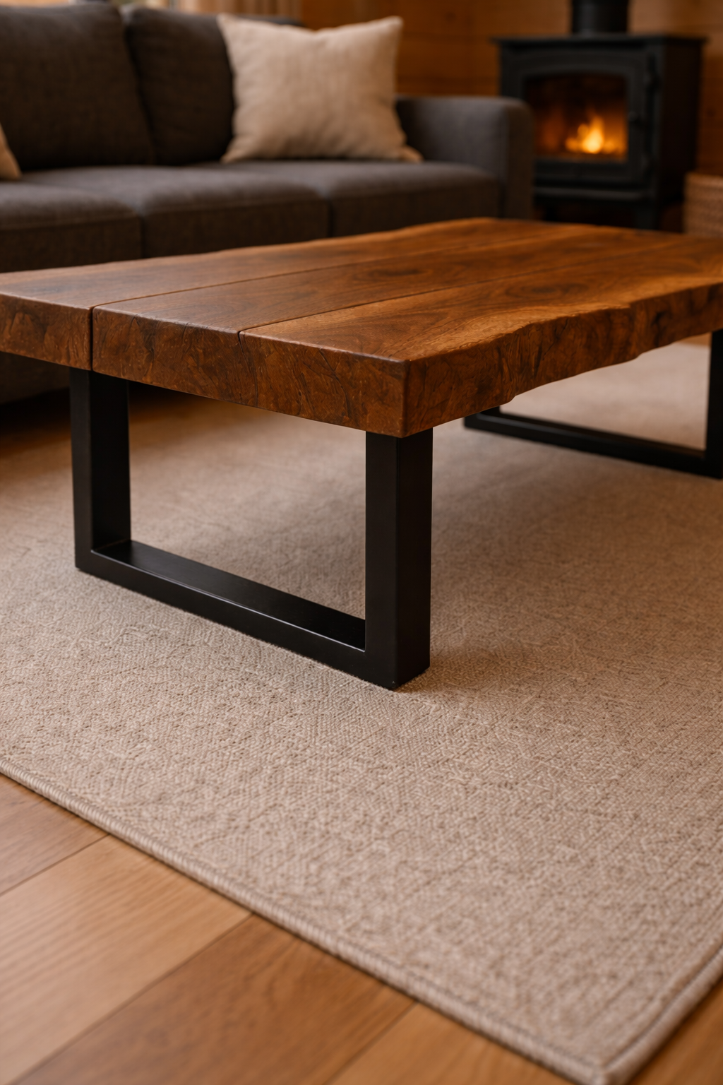 Rustic Live Edge Walnut Coffee Table with Black U-Shaped Metal Legs