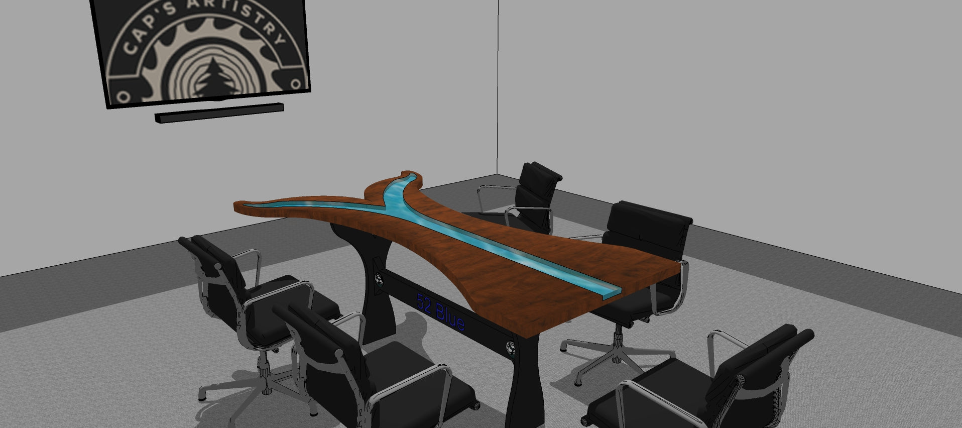 Walnut conference table shaped like a whale tail with blue epoxy river running down the center.  Custom metal legs engraved with business name and logo.