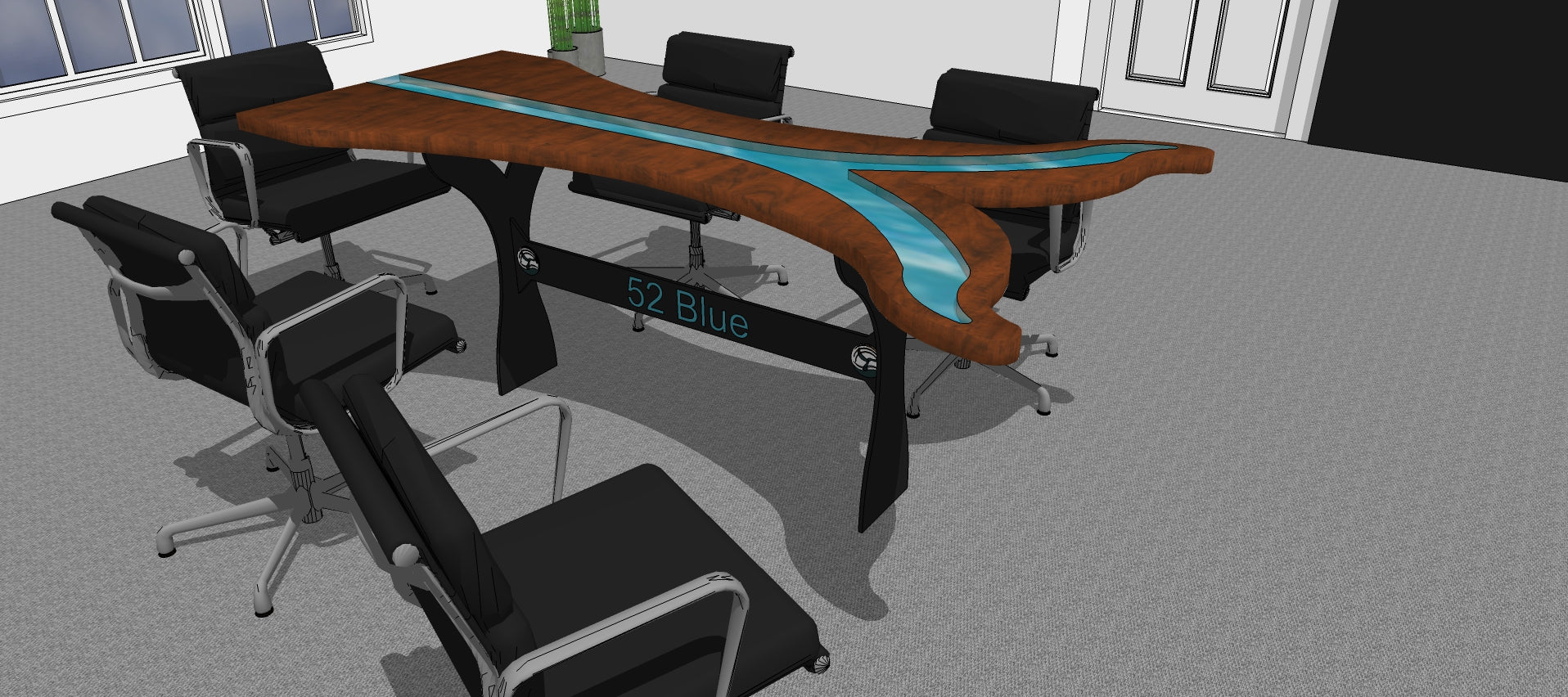 Walnut conference table shaped like a whale tail with blue epoxy river running down the center.  Custom metal legs engraved with business name and logo.