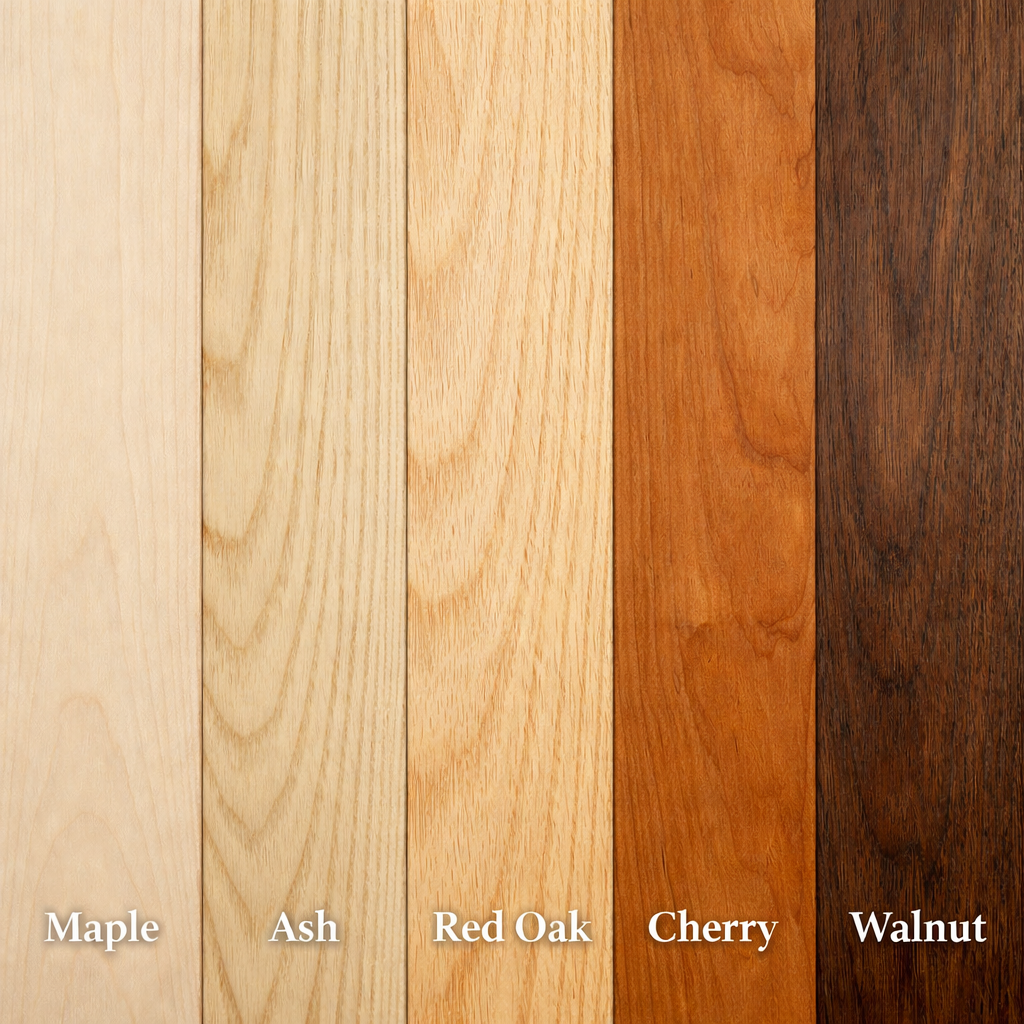 Comparison of maple, ash, red oak, cherry, and walnut hardwood species side by side.