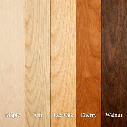 Comparison of maple, ash, red oak, cherry, and walnut hardwood species side by side.