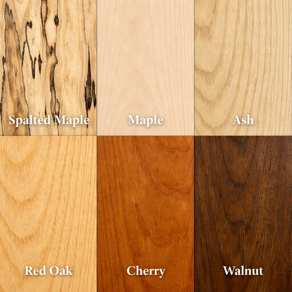 Comparison of spalted maple, maple, ash, red oak, cherry, and walnut wood species side by side.