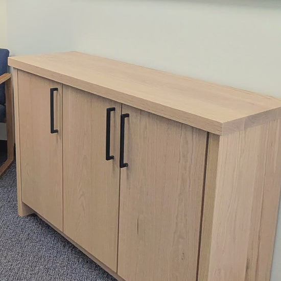 Red Oak Wood Coffee Bar Cabinet with Built In Doors and Shelf with Black Metal Handles