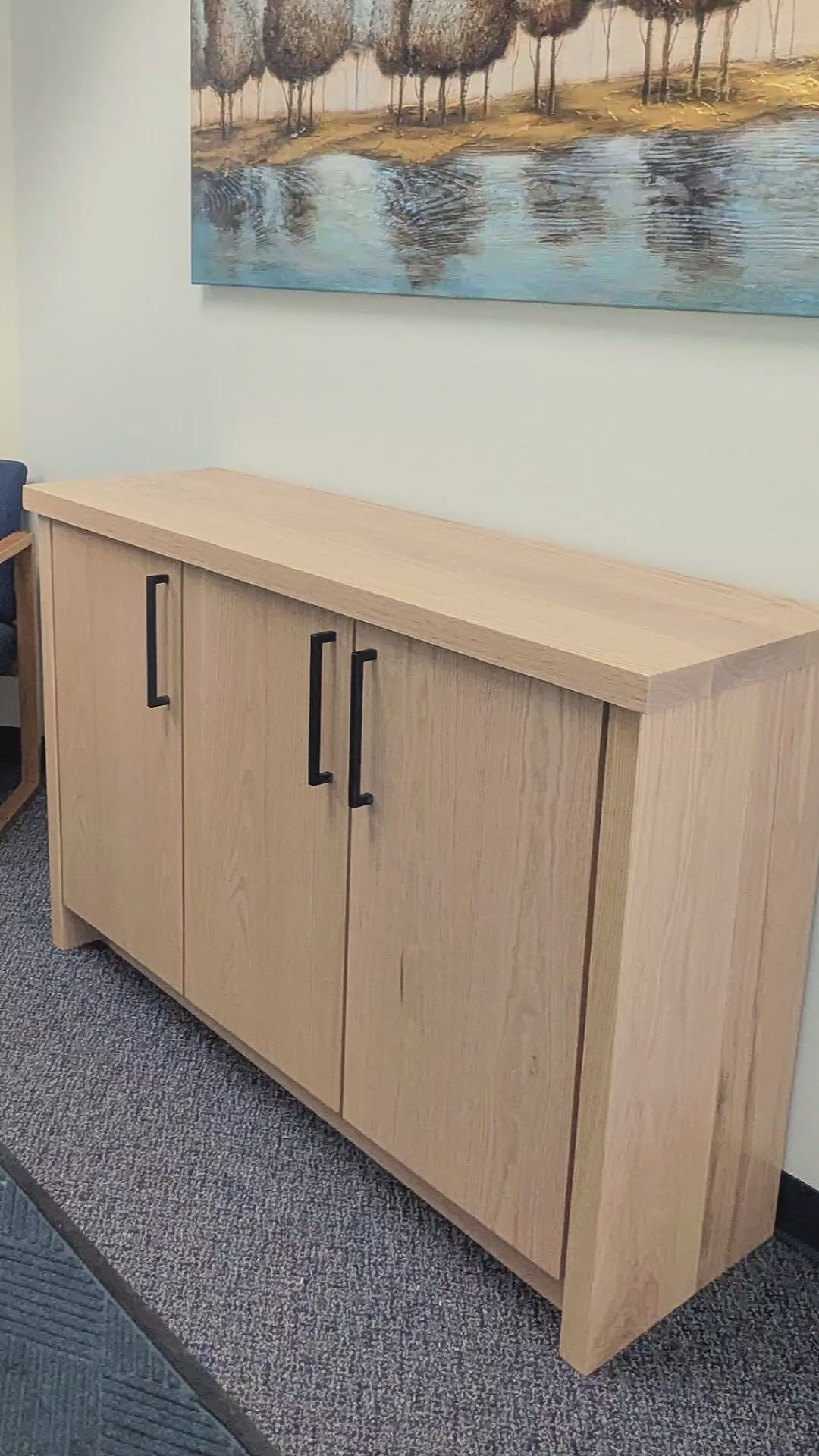 Red Oak Wood Coffee Bar Cabinet with Built In Doors and Shelf with Black Metal Handles